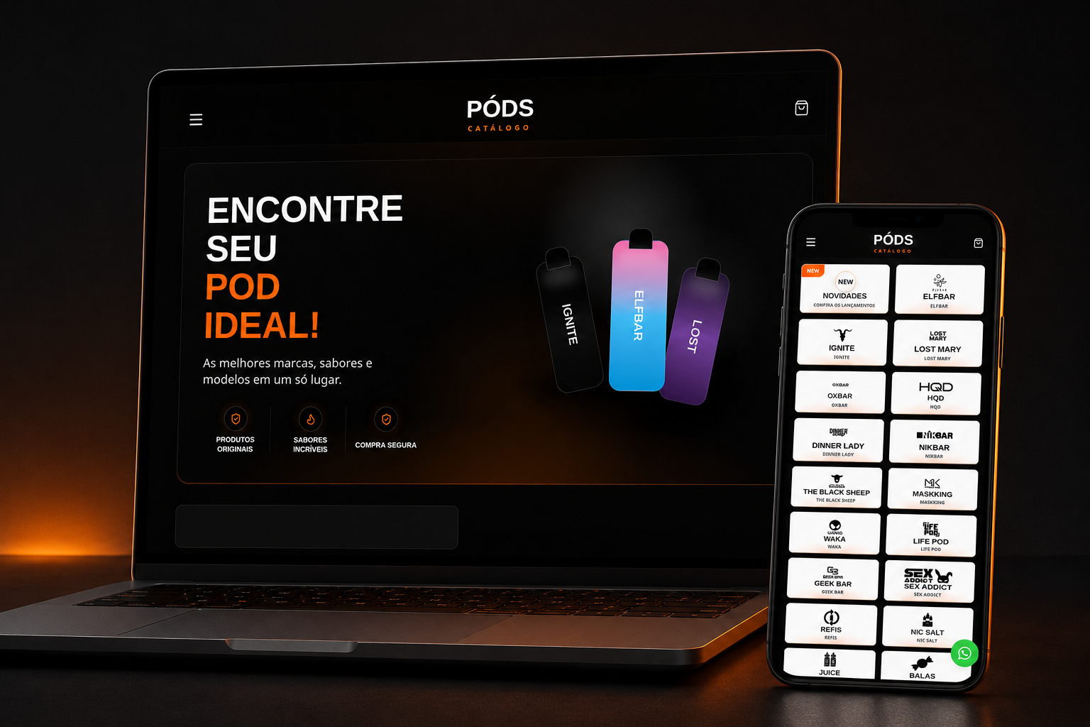 Notebook e celular exibindo o PODS Catálogo